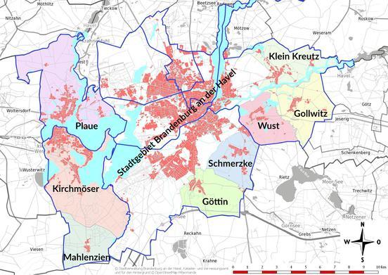 Karten von Brandenburg an der Havel. Mit Farben sind die Ortsteile dargestellt.