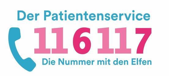 Logo mit Telefonhörer und der Nummer 11 6 11 7, Text: Der Patientenservice. Die Nummer mit den Elfen